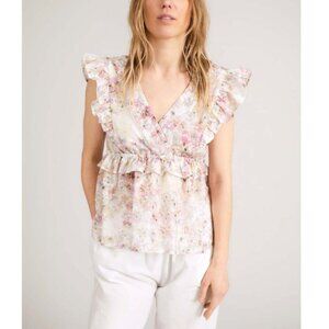 Munthe Pink Floral Top Womens Size Medium Blouse Ruffle Sleeve V-Neck Open Back